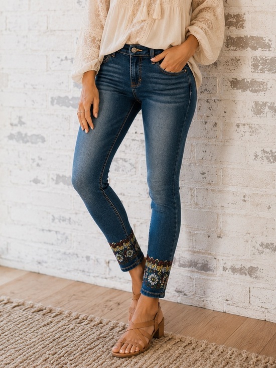 Miss Me Denim - Miss Me Ankle Skinny Jeans Embroidered Hem Floral Boho Stretch Denim 28